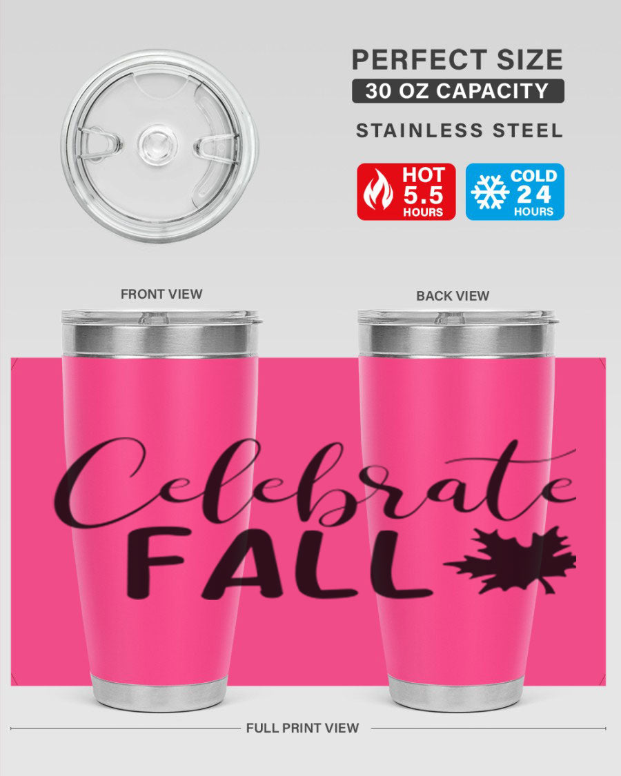 Celebrate Fall 20oz Tumbler made of stainless steel with a festive autumn design, featuring a drink-thru lid.