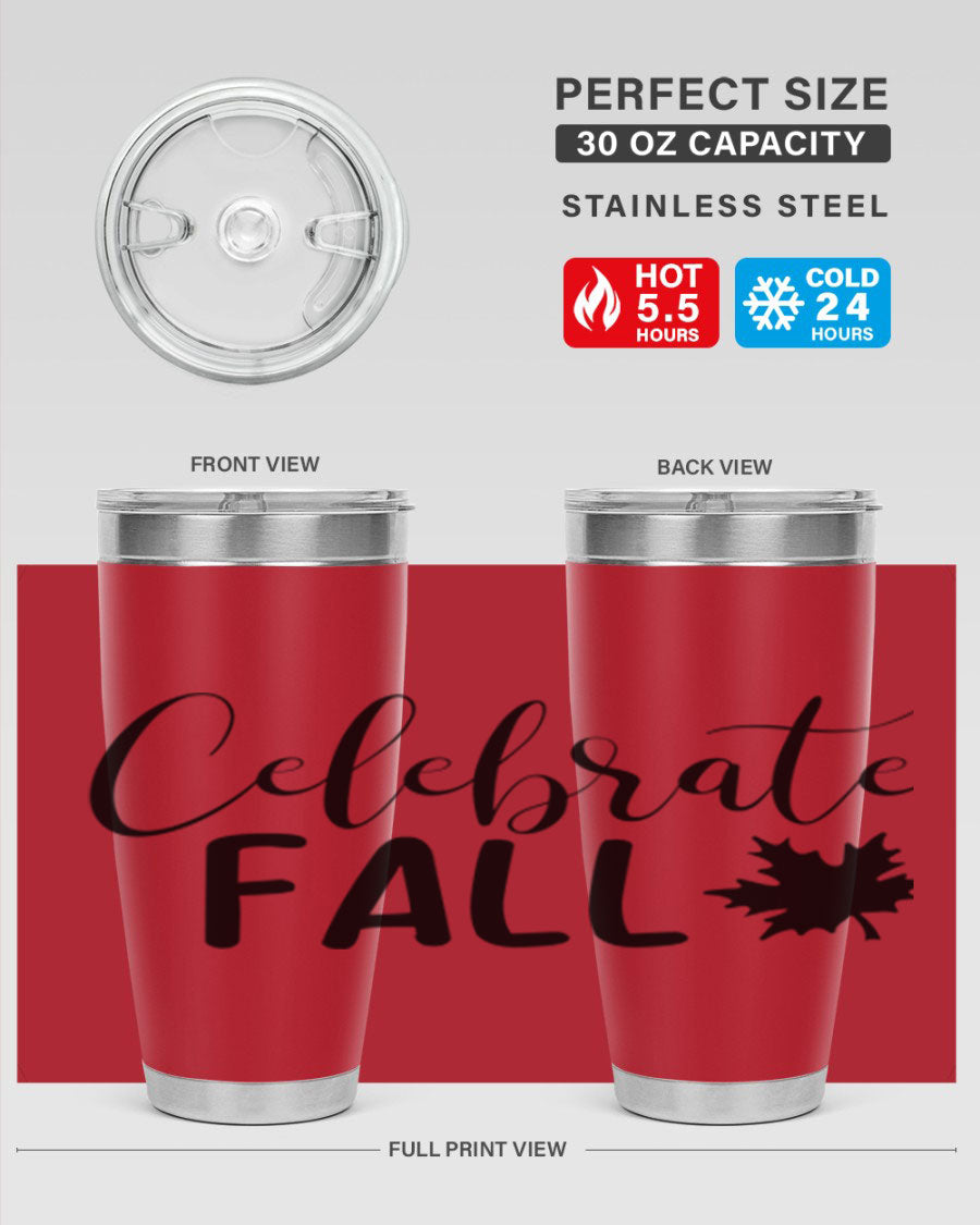 Celebrate Fall 20oz Tumbler made of stainless steel with a festive autumn design, featuring a drink-thru lid.