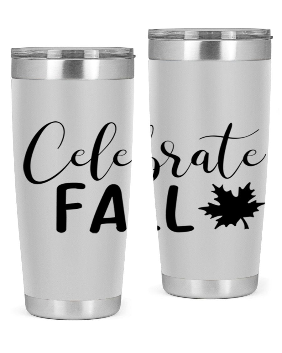 Celebrate Fall 20oz Tumbler made of stainless steel with a festive autumn design, featuring a drink-thru lid.
