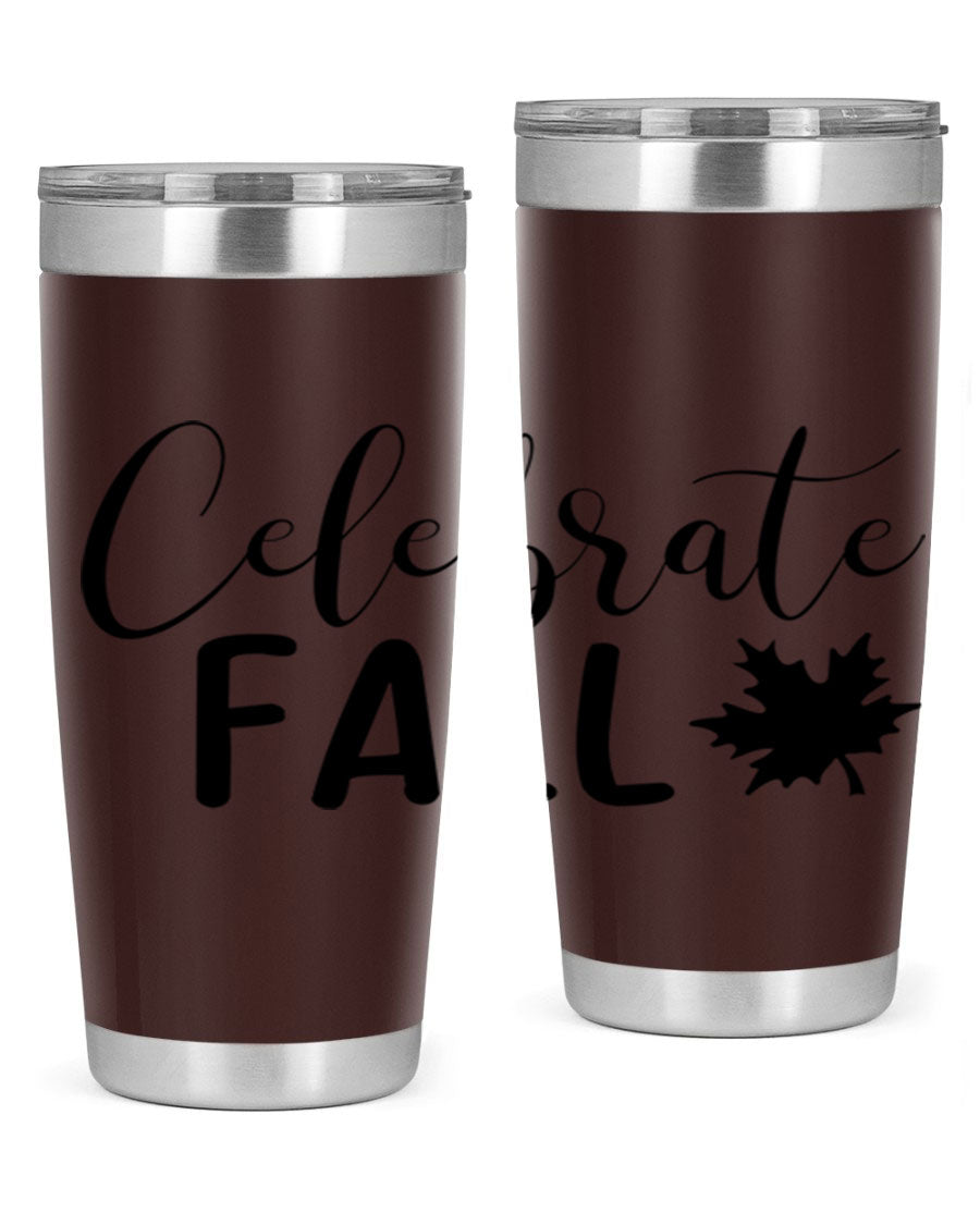 Celebrate Fall 20oz Tumbler made of stainless steel with a festive autumn design, featuring a drink-thru lid.