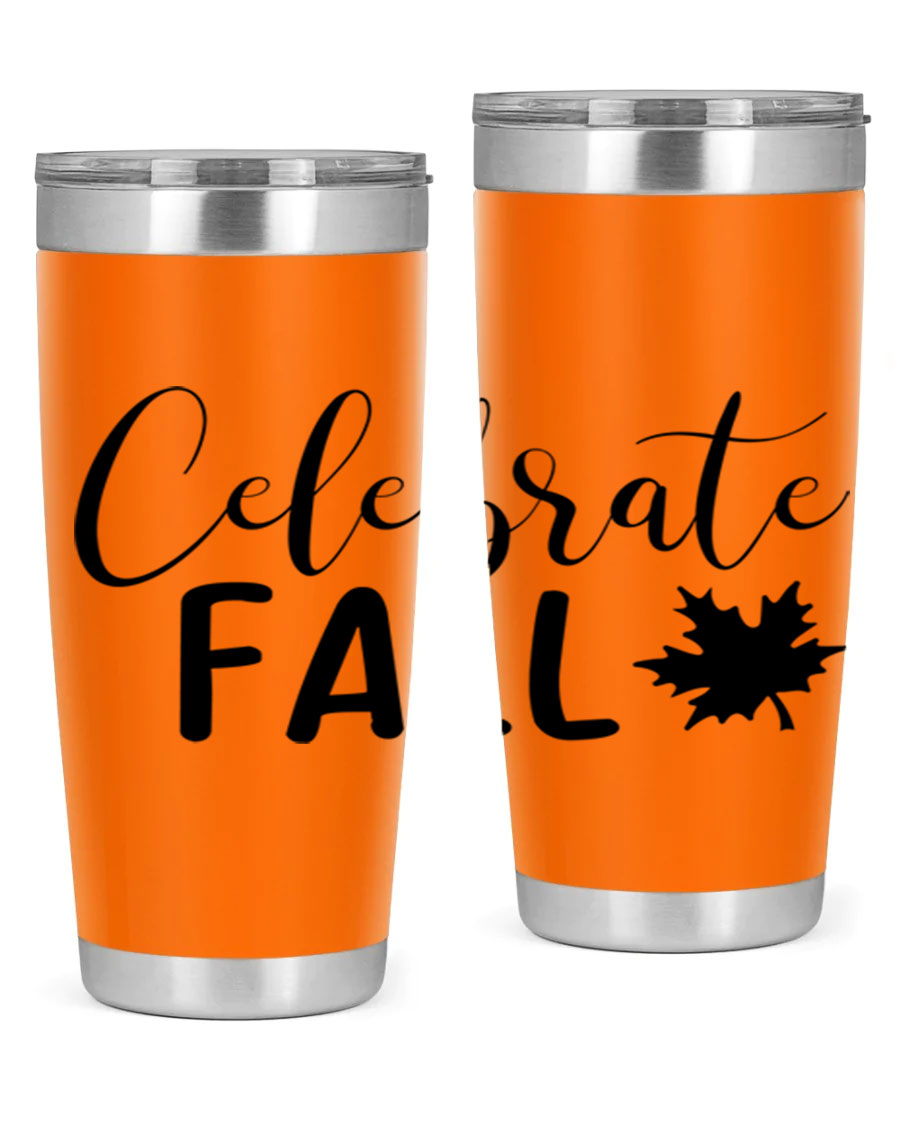 Celebrate Fall 20oz Tumbler made of stainless steel with a festive autumn design, featuring a drink-thru lid.