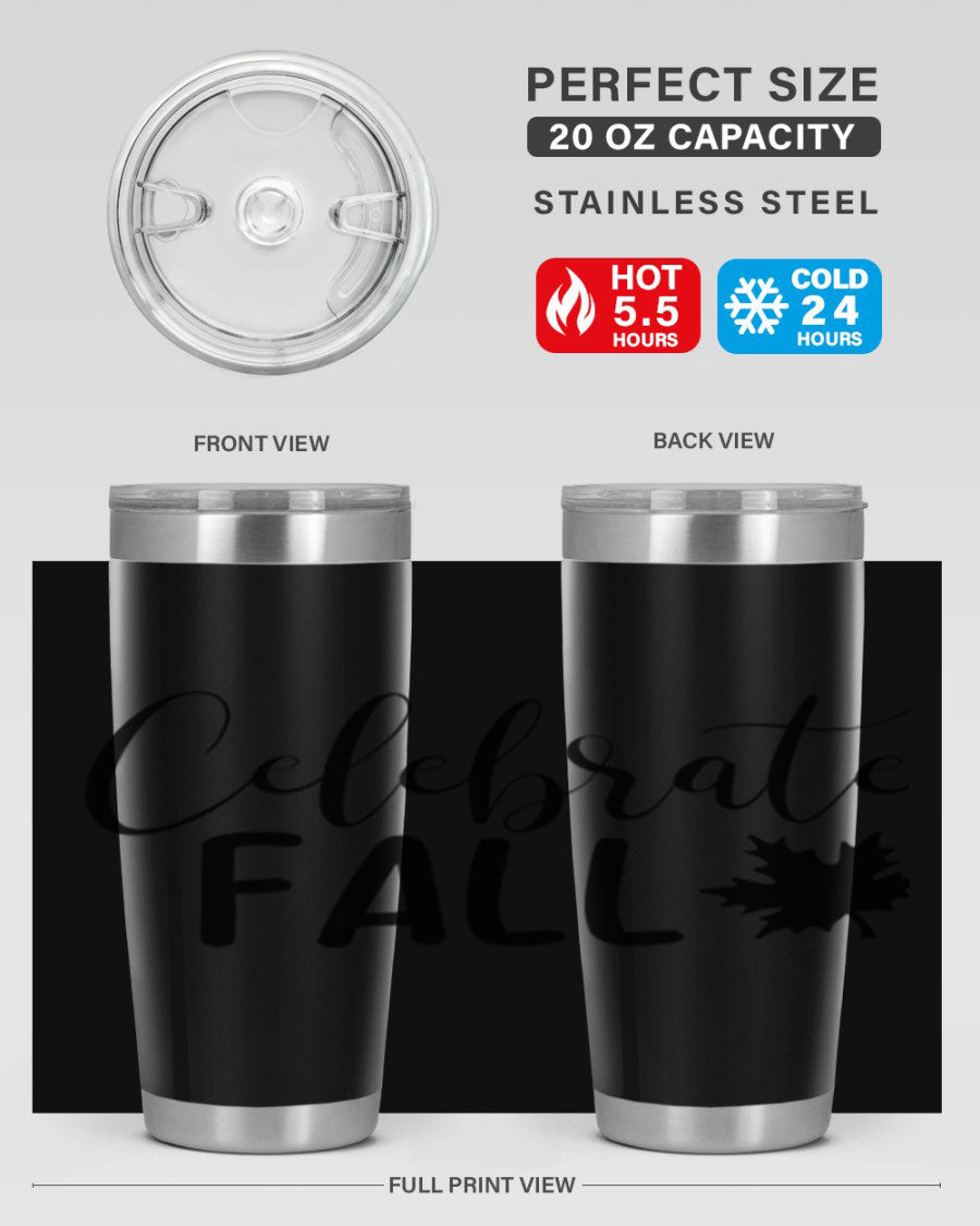 Celebrate Fall 20oz Tumbler made of stainless steel with a festive autumn design, featuring a drink-thru lid.