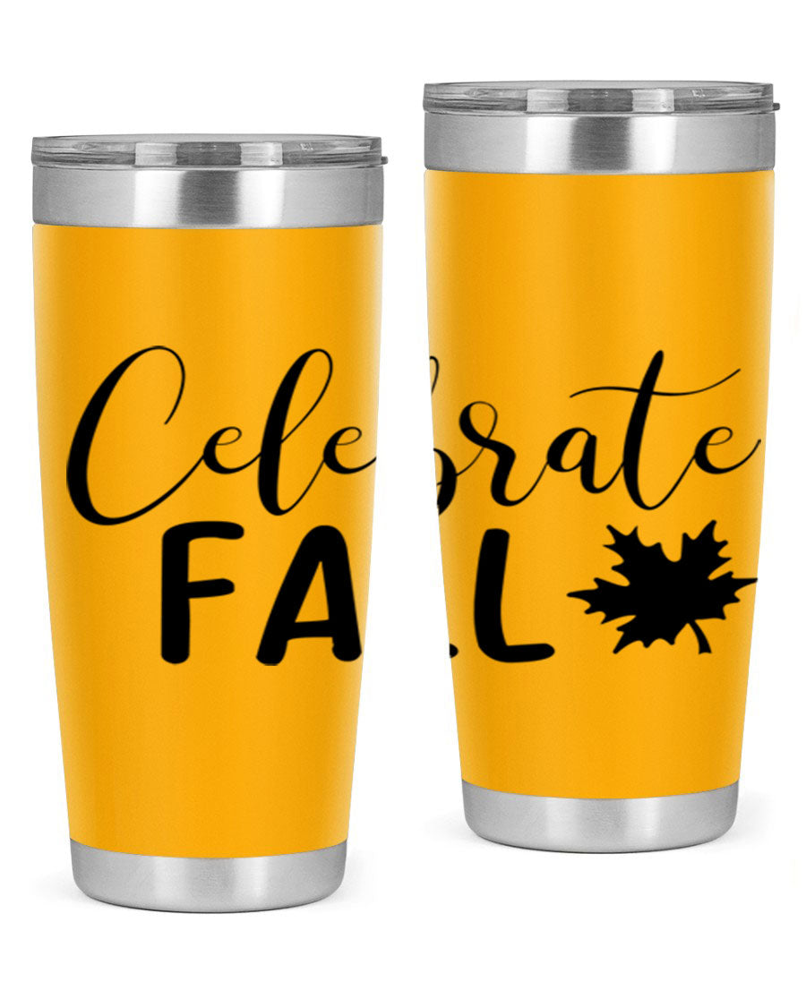 Celebrate Fall 20oz Tumbler made of stainless steel with a festive autumn design, featuring a drink-thru lid.