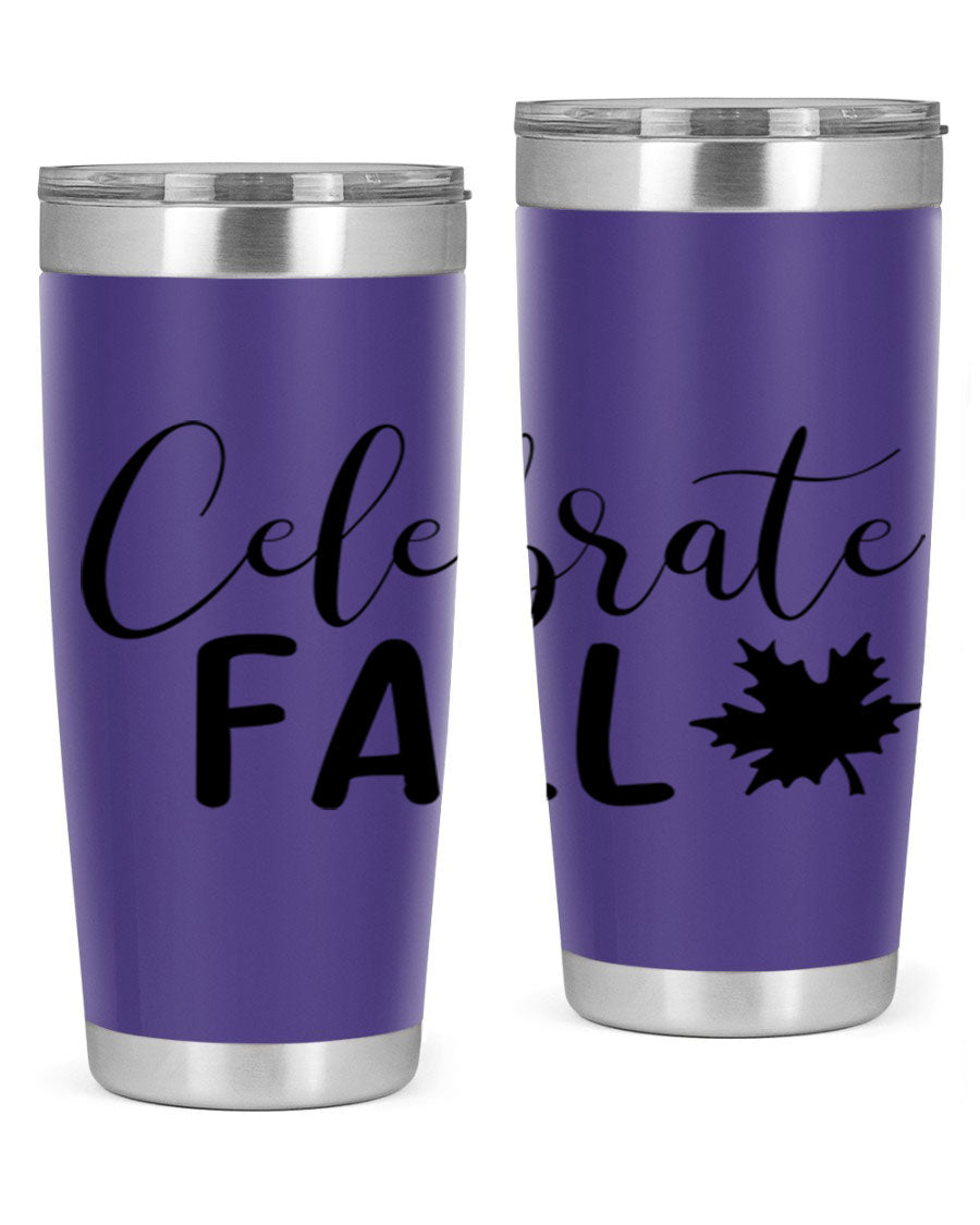 Celebrate Fall 20oz Tumbler made of stainless steel with a festive autumn design, featuring a drink-thru lid.