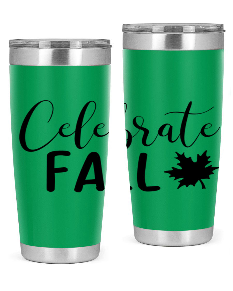 Celebrate Fall 20oz Tumbler made of stainless steel with a festive autumn design, featuring a drink-thru lid.