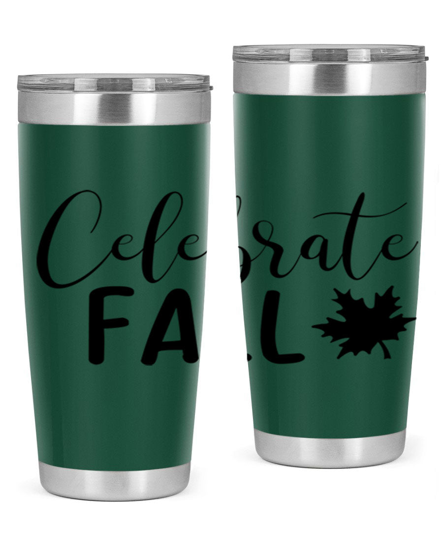 Celebrate Fall 20oz Tumbler made of stainless steel with a festive autumn design, featuring a drink-thru lid.