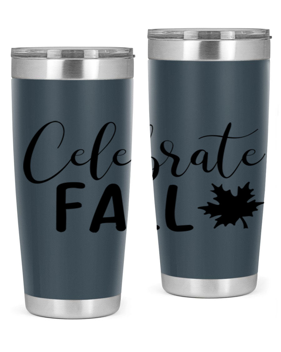Celebrate Fall 20oz Tumbler made of stainless steel with a festive autumn design, featuring a drink-thru lid.
