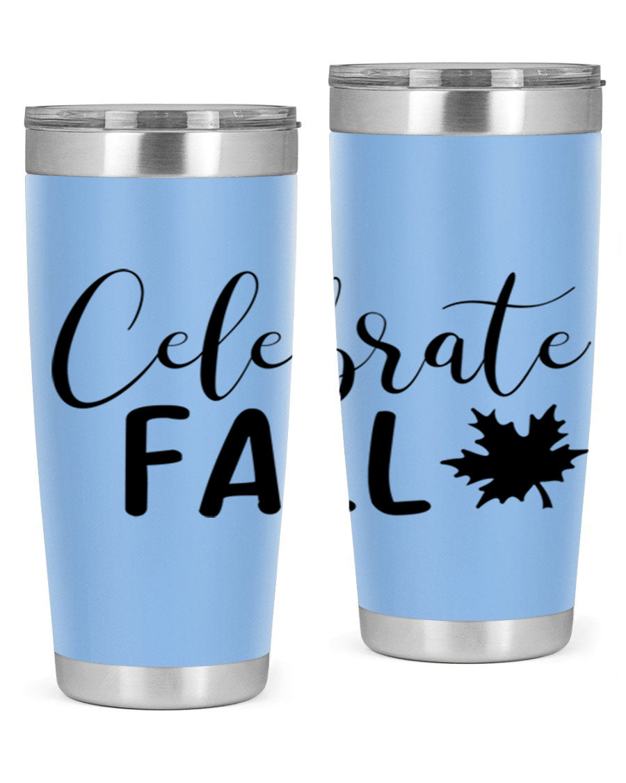 Celebrate Fall 20oz Tumbler made of stainless steel with a festive autumn design, featuring a drink-thru lid.