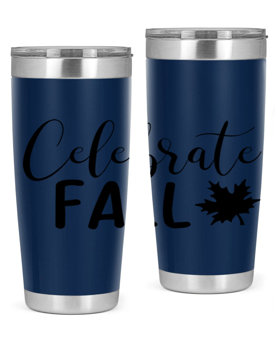 Celebrate Fall 20oz Tumbler made of stainless steel with a festive autumn design, featuring a drink-thru lid.
