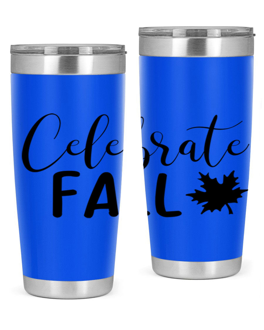 Celebrate Fall 20oz Tumbler made of stainless steel with a festive autumn design, featuring a drink-thru lid.