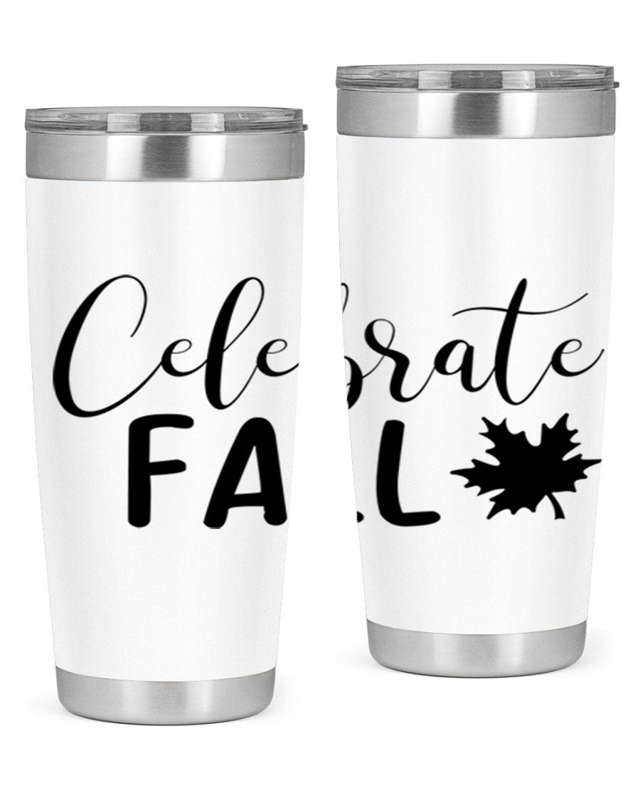 Celebrate Fall 20oz Tumbler made of stainless steel with a festive autumn design, featuring a drink-thru lid.