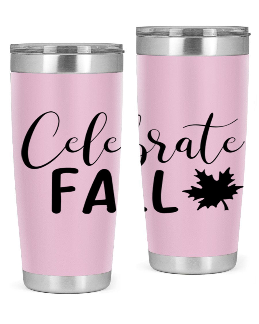Celebrate Fall 20oz Tumbler made of stainless steel with a festive autumn design, featuring a drink-thru lid.
