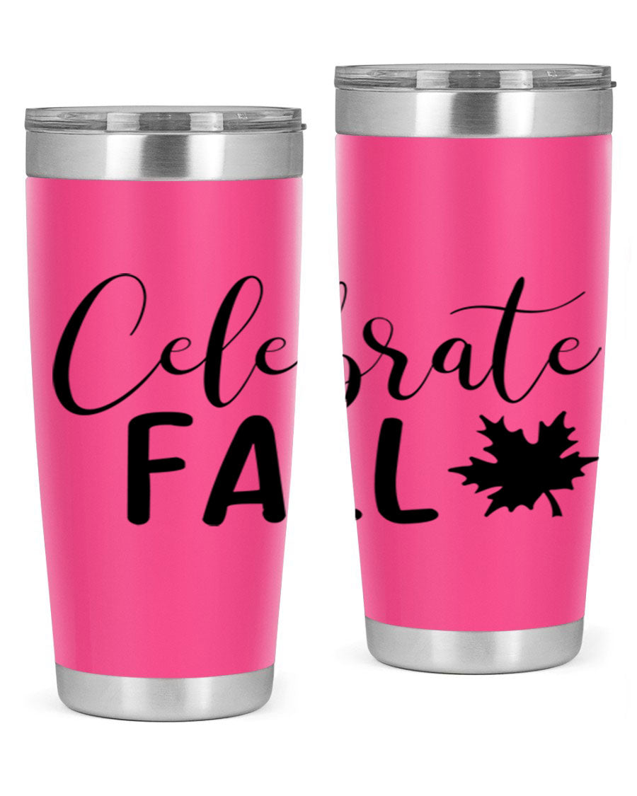 Celebrate Fall 20oz Tumbler made of stainless steel with a festive autumn design, featuring a drink-thru lid.
