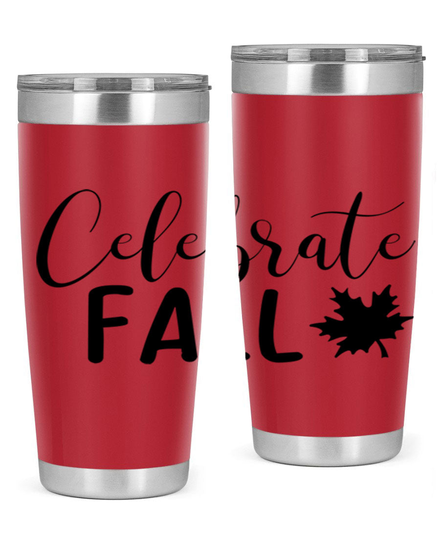 Celebrate Fall 20oz Tumbler made of stainless steel with a festive autumn design, featuring a drink-thru lid.