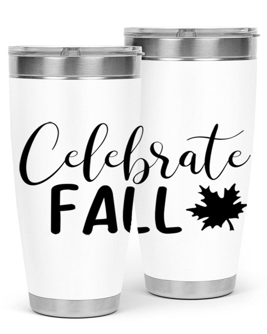 Celebrate Fall 20oz Tumbler made of stainless steel with a festive autumn design, featuring a drink-thru lid.