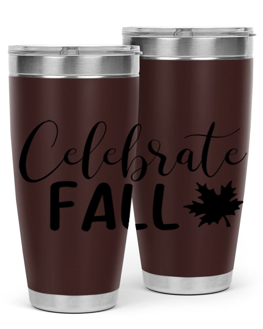 Celebrate Fall 20oz Tumbler made of stainless steel with a festive autumn design, featuring a drink-thru lid.