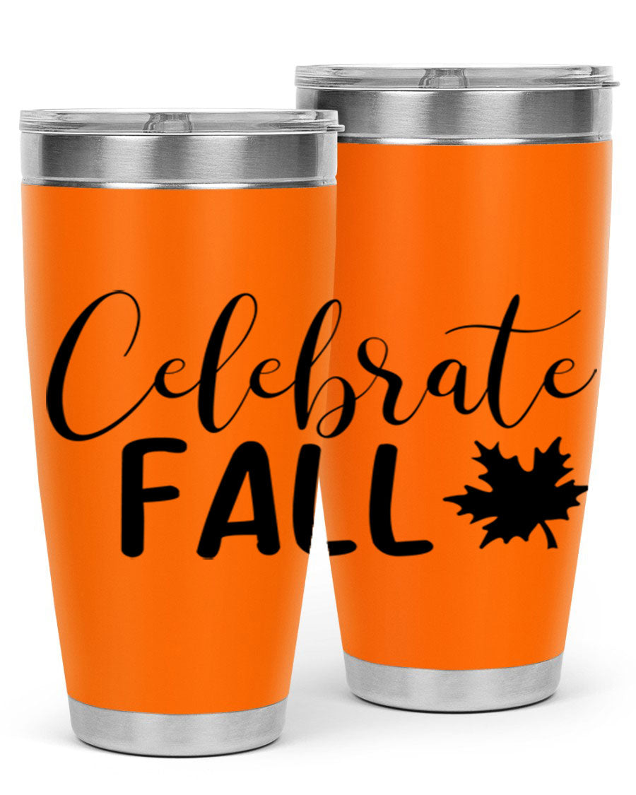 Celebrate Fall 20oz Tumbler made of stainless steel with a festive autumn design, featuring a drink-thru lid.
