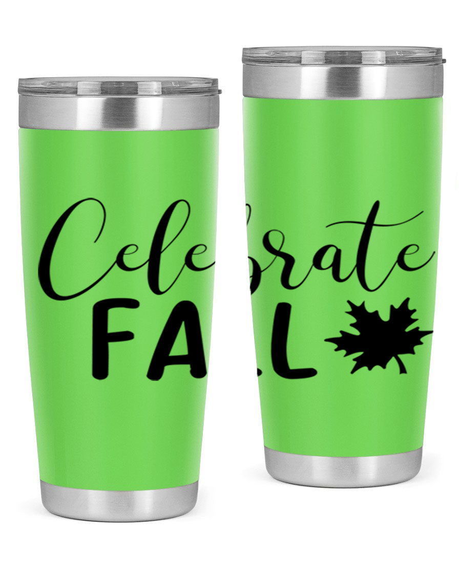 Celebrate Fall 20oz Tumbler made of stainless steel with a festive autumn design, featuring a drink-thru lid.