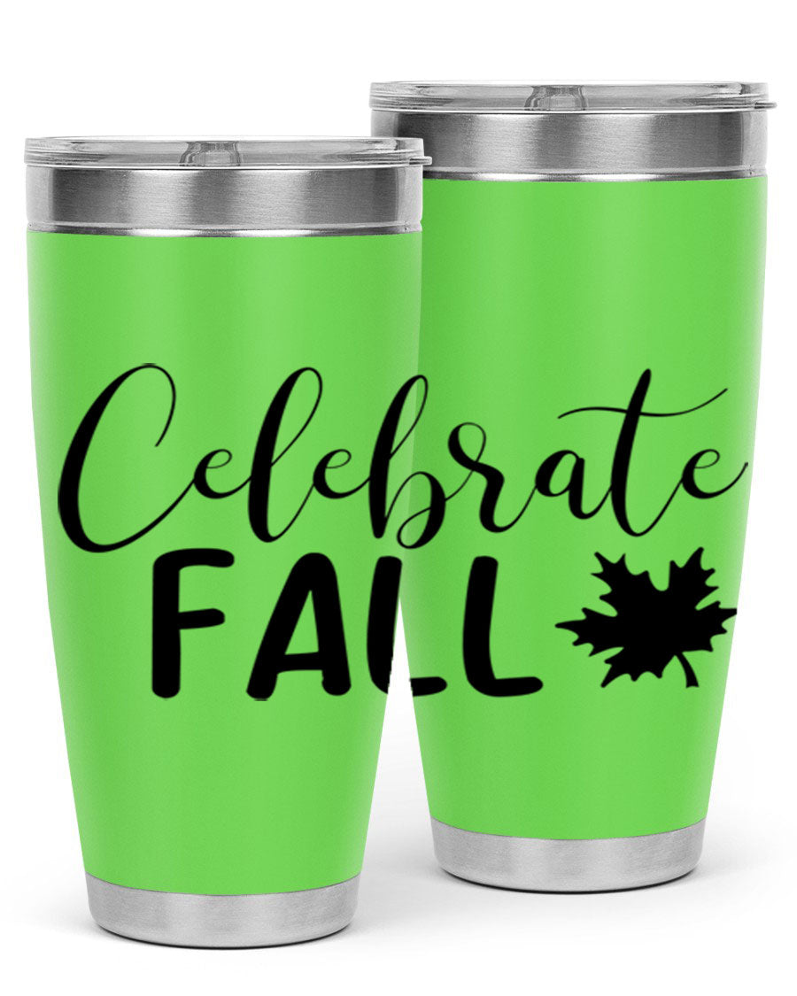 Celebrate Fall 20oz Tumbler made of stainless steel with a festive autumn design, featuring a drink-thru lid.