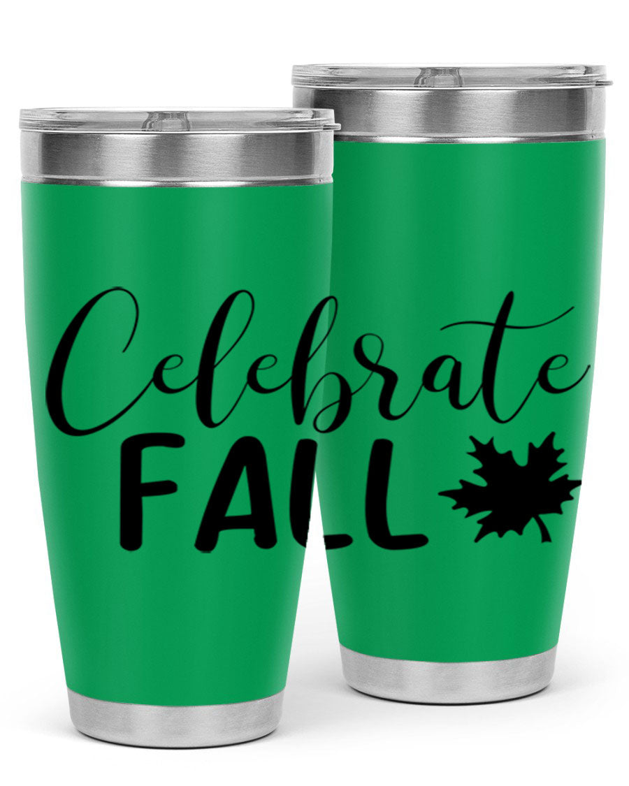 Celebrate Fall 20oz Tumbler made of stainless steel with a festive autumn design, featuring a drink-thru lid.
