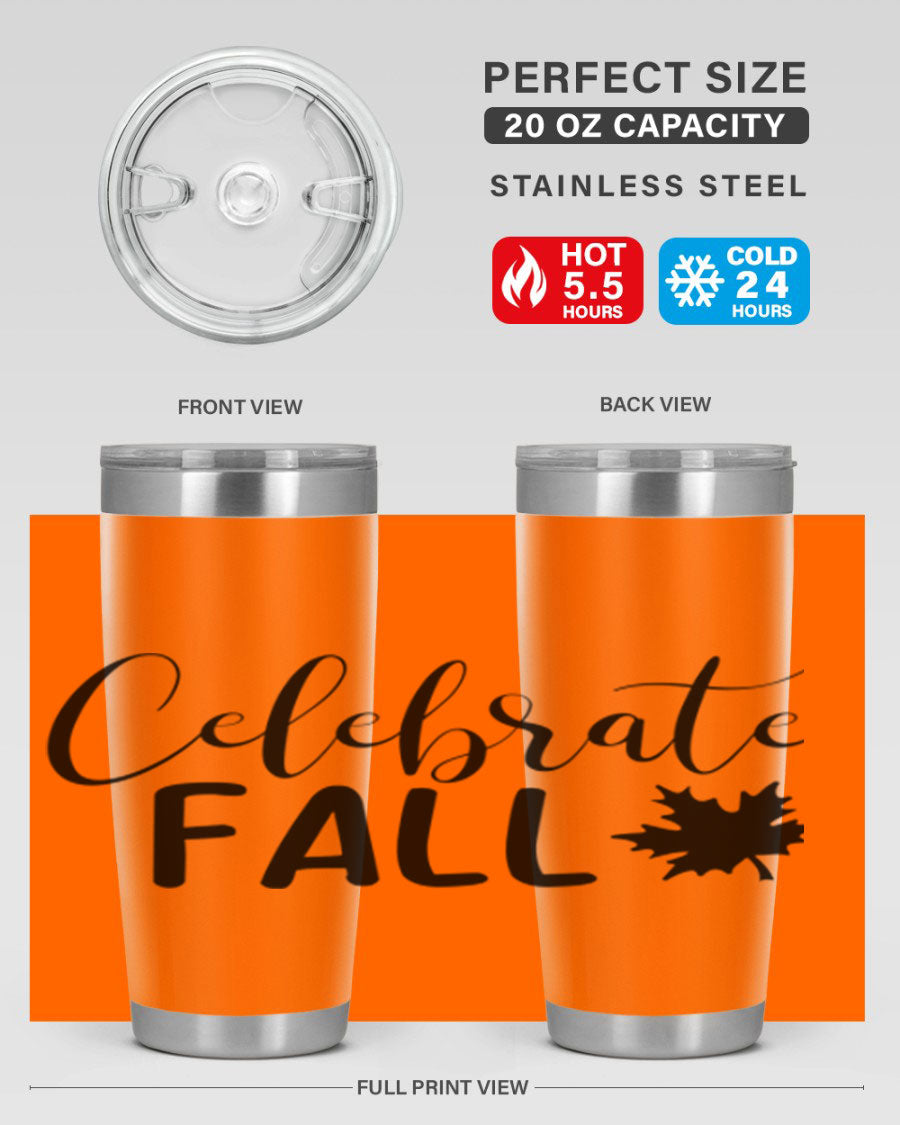 Celebrate Fall 20oz Tumbler made of stainless steel with a festive autumn design, featuring a drink-thru lid.