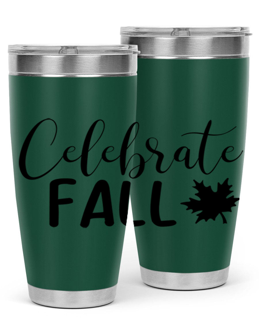 Celebrate Fall 20oz Tumbler made of stainless steel with a festive autumn design, featuring a drink-thru lid.