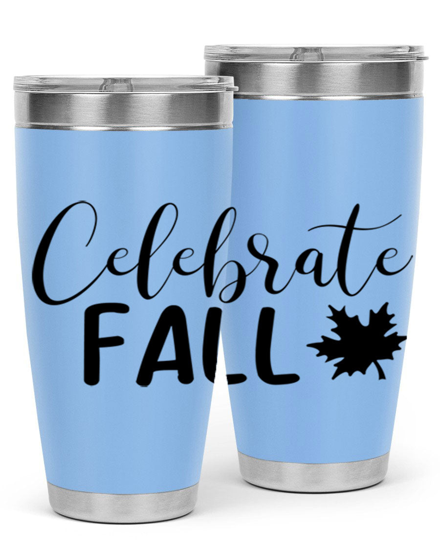 Celebrate Fall 20oz Tumbler made of stainless steel with a festive autumn design, featuring a drink-thru lid.