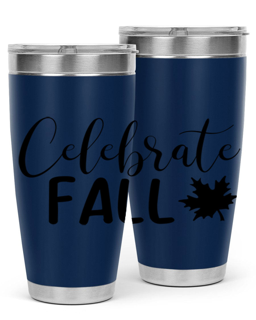 Celebrate Fall 20oz Tumbler made of stainless steel with a festive autumn design, featuring a drink-thru lid.
