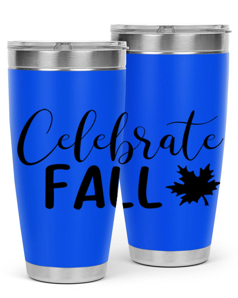 Celebrate Fall 20oz Tumbler made of stainless steel with a festive autumn design, featuring a drink-thru lid.