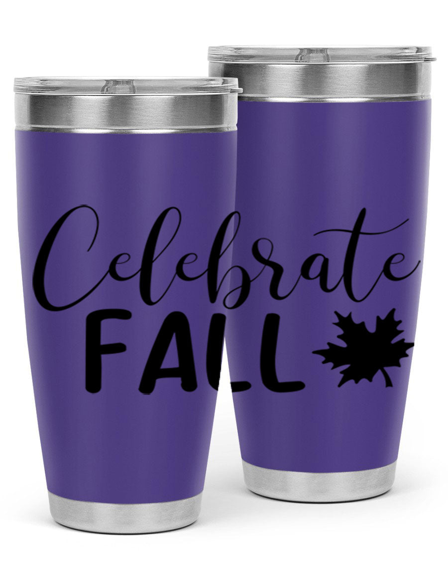 Celebrate Fall 20oz Tumbler made of stainless steel with a festive autumn design, featuring a drink-thru lid.