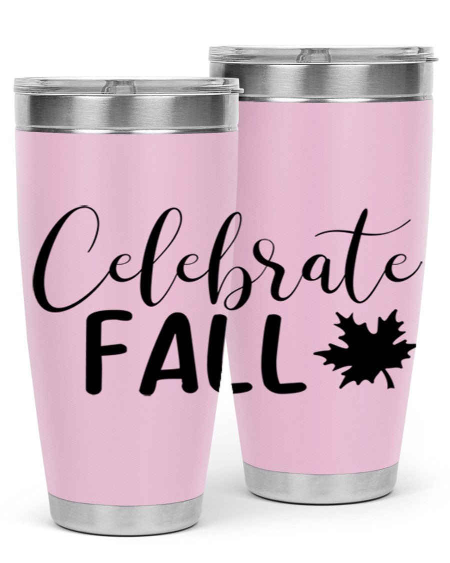 Celebrate Fall 20oz Tumbler made of stainless steel with a festive autumn design, featuring a drink-thru lid.