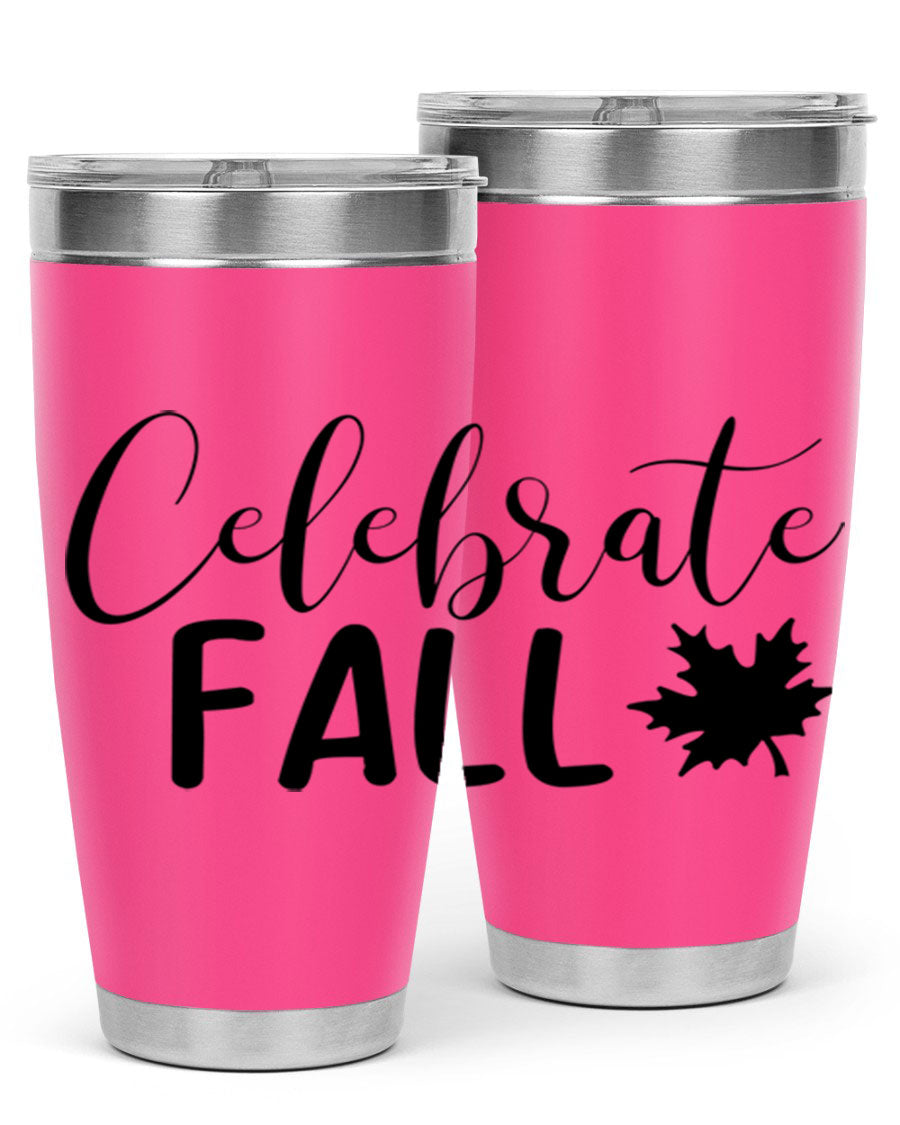 Celebrate Fall 20oz Tumbler made of stainless steel with a festive autumn design, featuring a drink-thru lid.