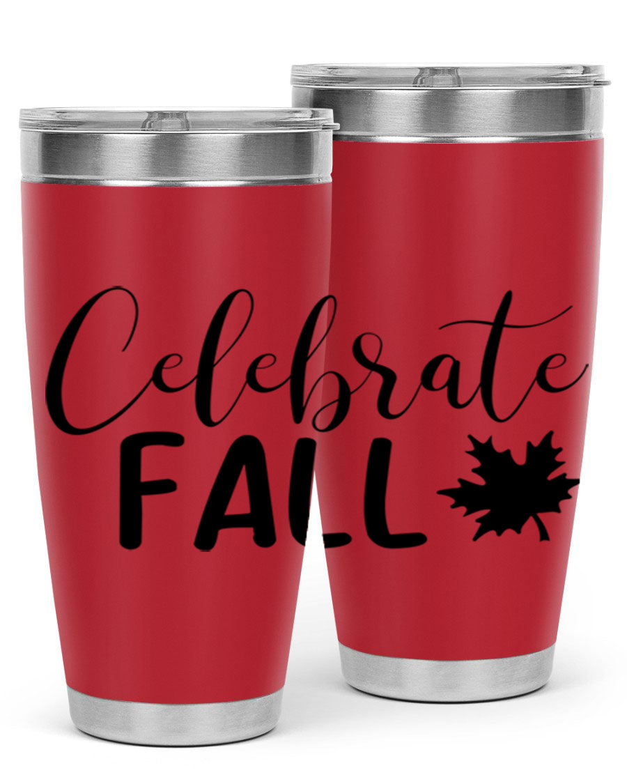 Celebrate Fall 20oz Tumbler made of stainless steel with a festive autumn design, featuring a drink-thru lid.
