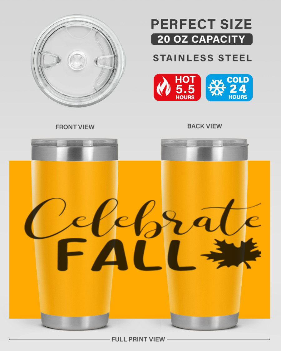 Celebrate Fall 20oz Tumbler made of stainless steel with a festive autumn design, featuring a drink-thru lid.