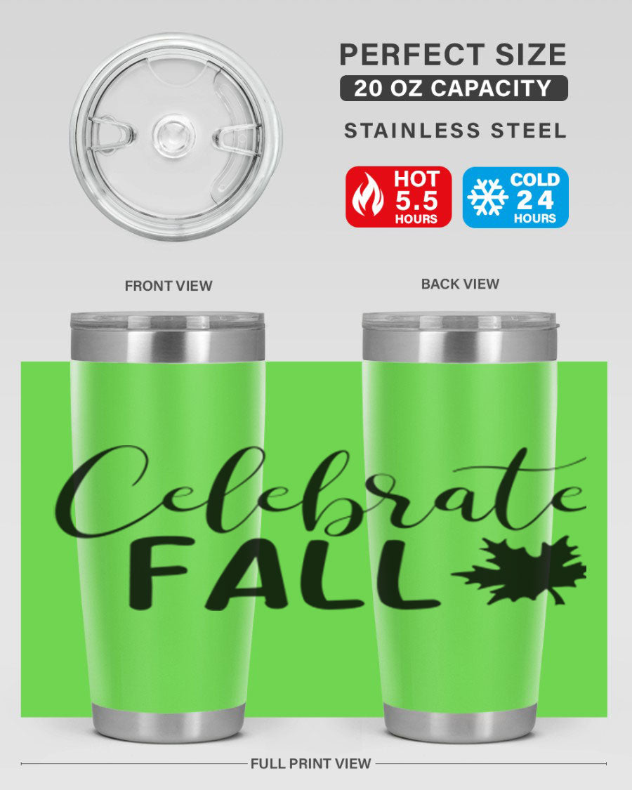 Celebrate Fall 20oz Tumbler made of stainless steel with a festive autumn design, featuring a drink-thru lid.
