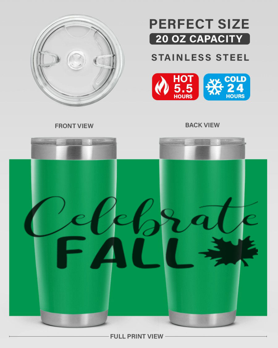 Celebrate Fall 20oz Tumbler made of stainless steel with a festive autumn design, featuring a drink-thru lid.