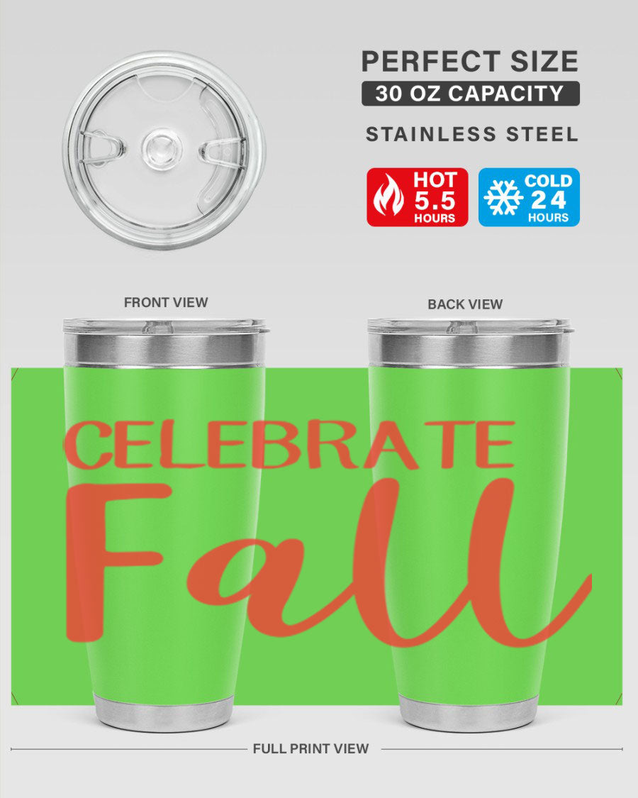 Celebrate Fall 20oz tumbler made of double wall vacuum stainless steel with a copper lining, featuring a drink-thru lid.