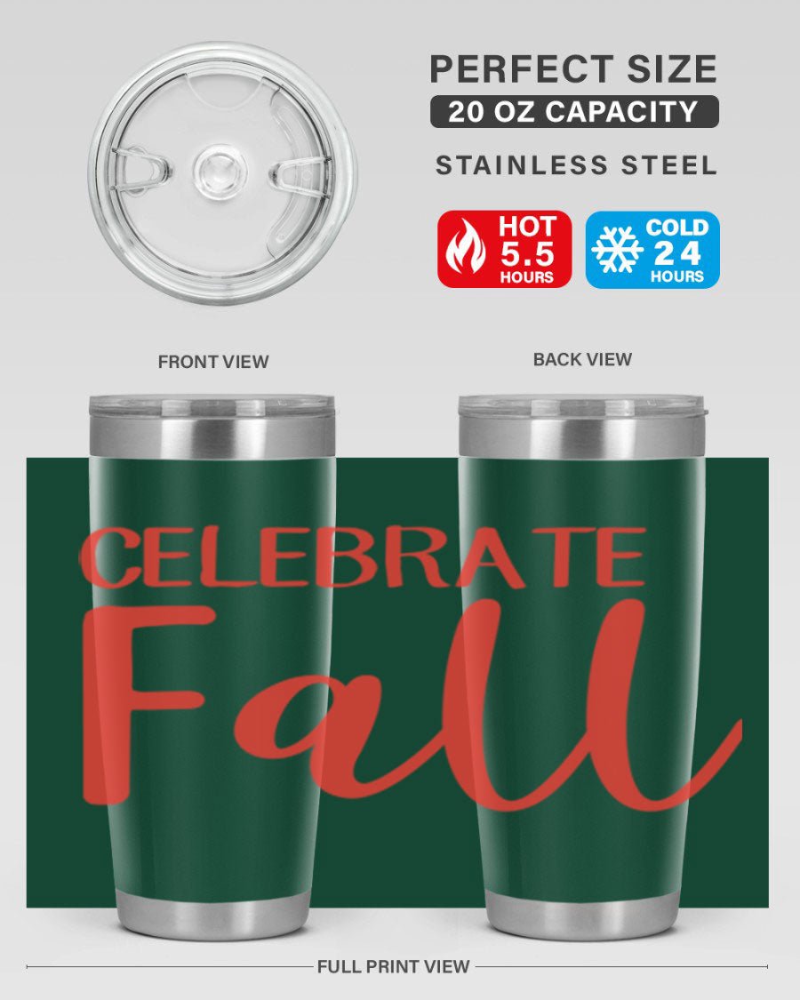 Celebrate Fall 20oz tumbler made of double wall vacuum stainless steel with a copper lining, featuring a drink-thru lid.