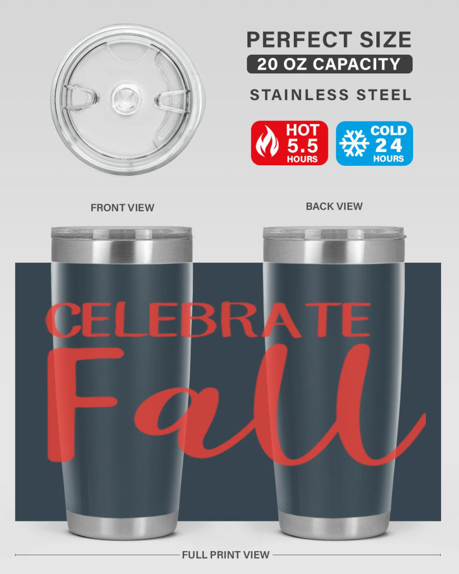 Celebrate Fall 20oz tumbler made of double wall vacuum stainless steel with a copper lining, featuring a drink-thru lid.