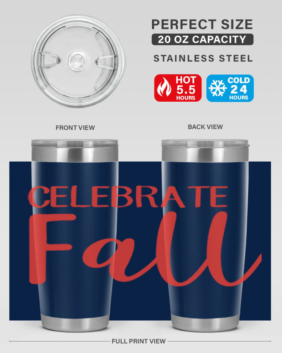 Celebrate Fall 20oz tumbler made of double wall vacuum stainless steel with a copper lining, featuring a drink-thru lid.