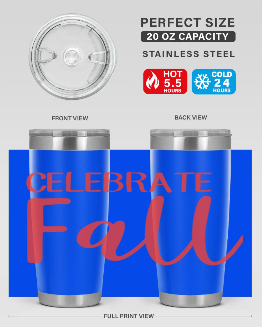 Celebrate Fall 20oz tumbler made of double wall vacuum stainless steel with a copper lining, featuring a drink-thru lid.