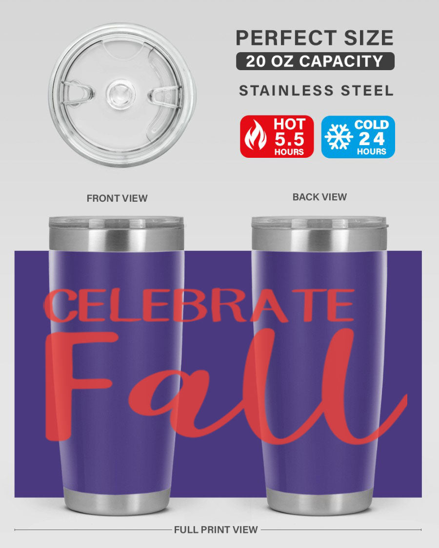 Celebrate Fall 20oz tumbler made of double wall vacuum stainless steel with a copper lining, featuring a drink-thru lid.