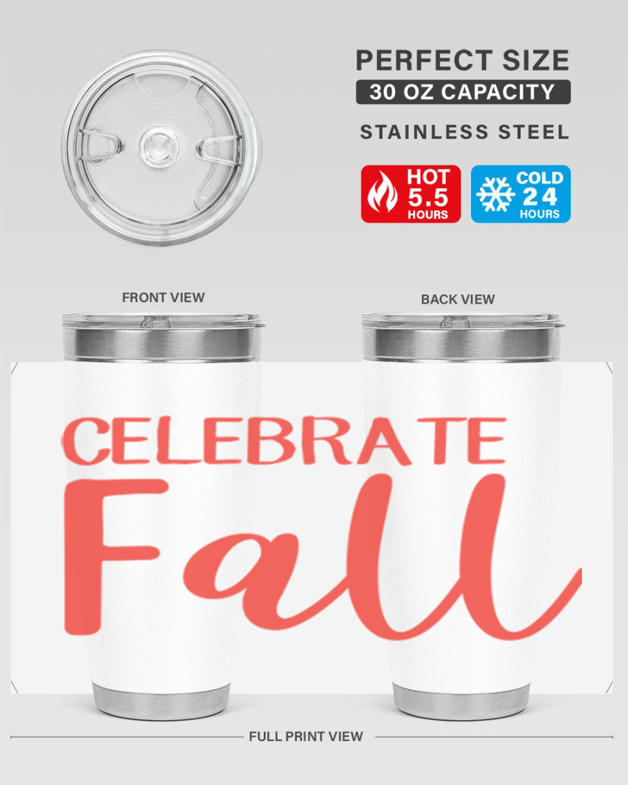 Celebrate Fall 20oz tumbler made of double wall vacuum stainless steel with a copper lining, featuring a drink-thru lid.