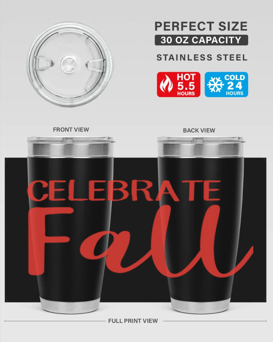 Celebrate Fall 20oz tumbler made of double wall vacuum stainless steel with a copper lining, featuring a drink-thru lid.