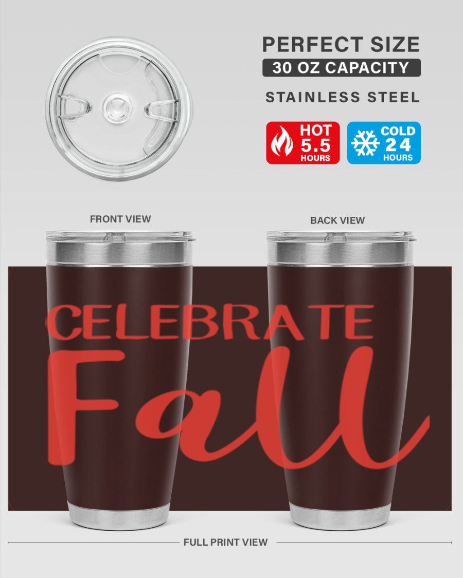 Celebrate Fall 20oz tumbler made of double wall vacuum stainless steel with a copper lining, featuring a drink-thru lid.
