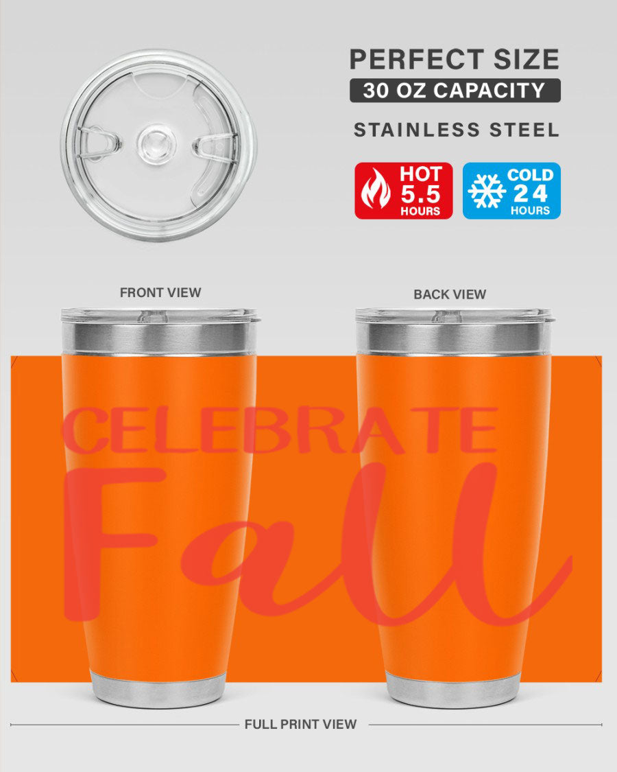 Celebrate Fall 20oz tumbler made of double wall vacuum stainless steel with a copper lining, featuring a drink-thru lid.