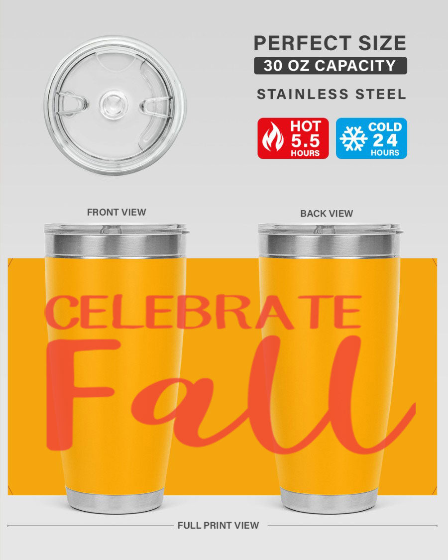 Celebrate Fall 20oz tumbler made of double wall vacuum stainless steel with a copper lining, featuring a drink-thru lid.