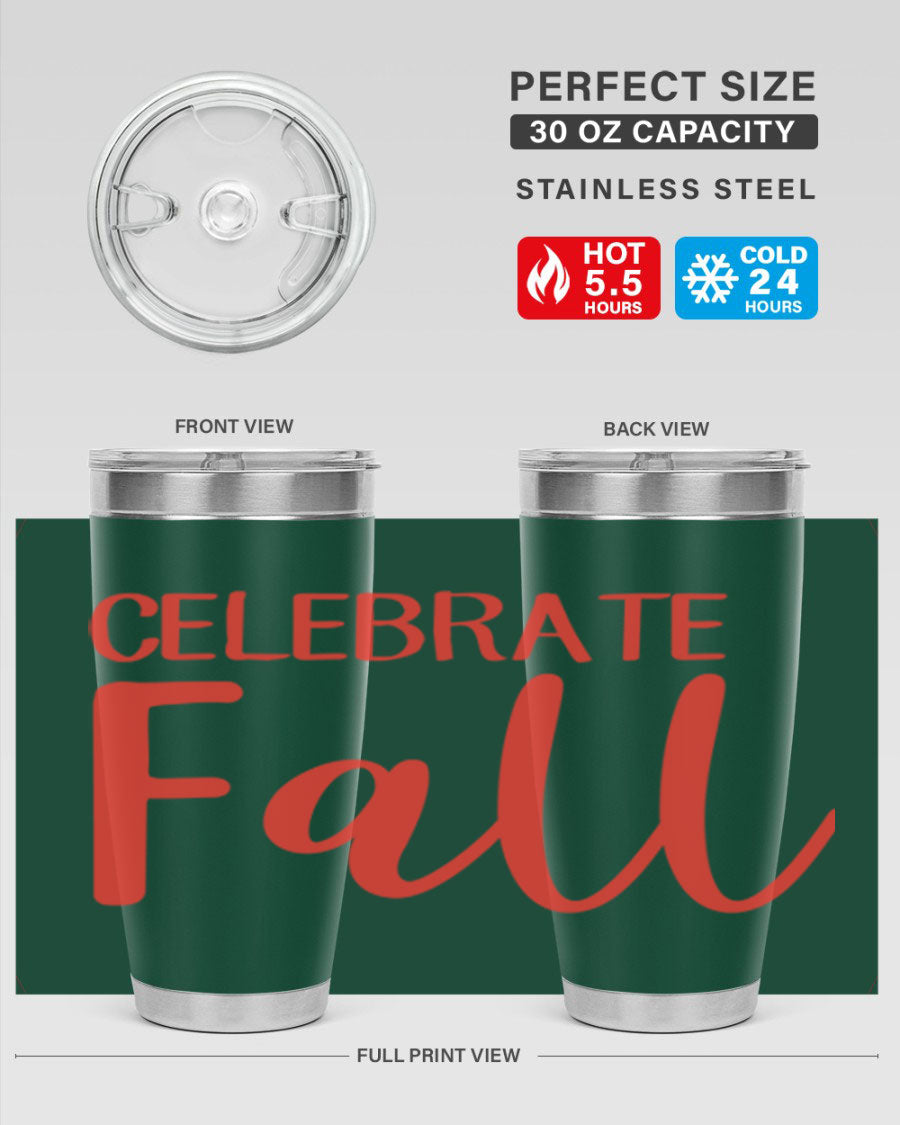 Celebrate Fall 20oz tumbler made of double wall vacuum stainless steel with a copper lining, featuring a drink-thru lid.