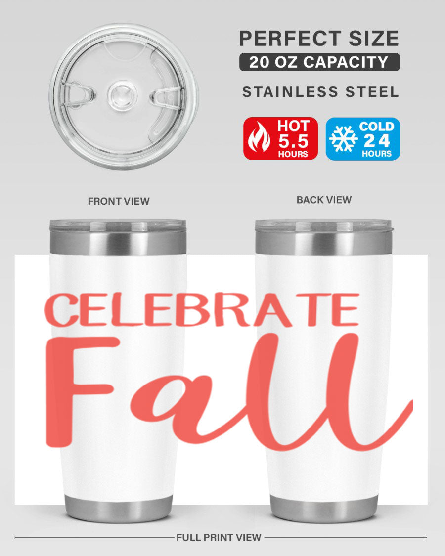 Celebrate Fall 20oz tumbler made of double wall vacuum stainless steel with a copper lining, featuring a drink-thru lid.