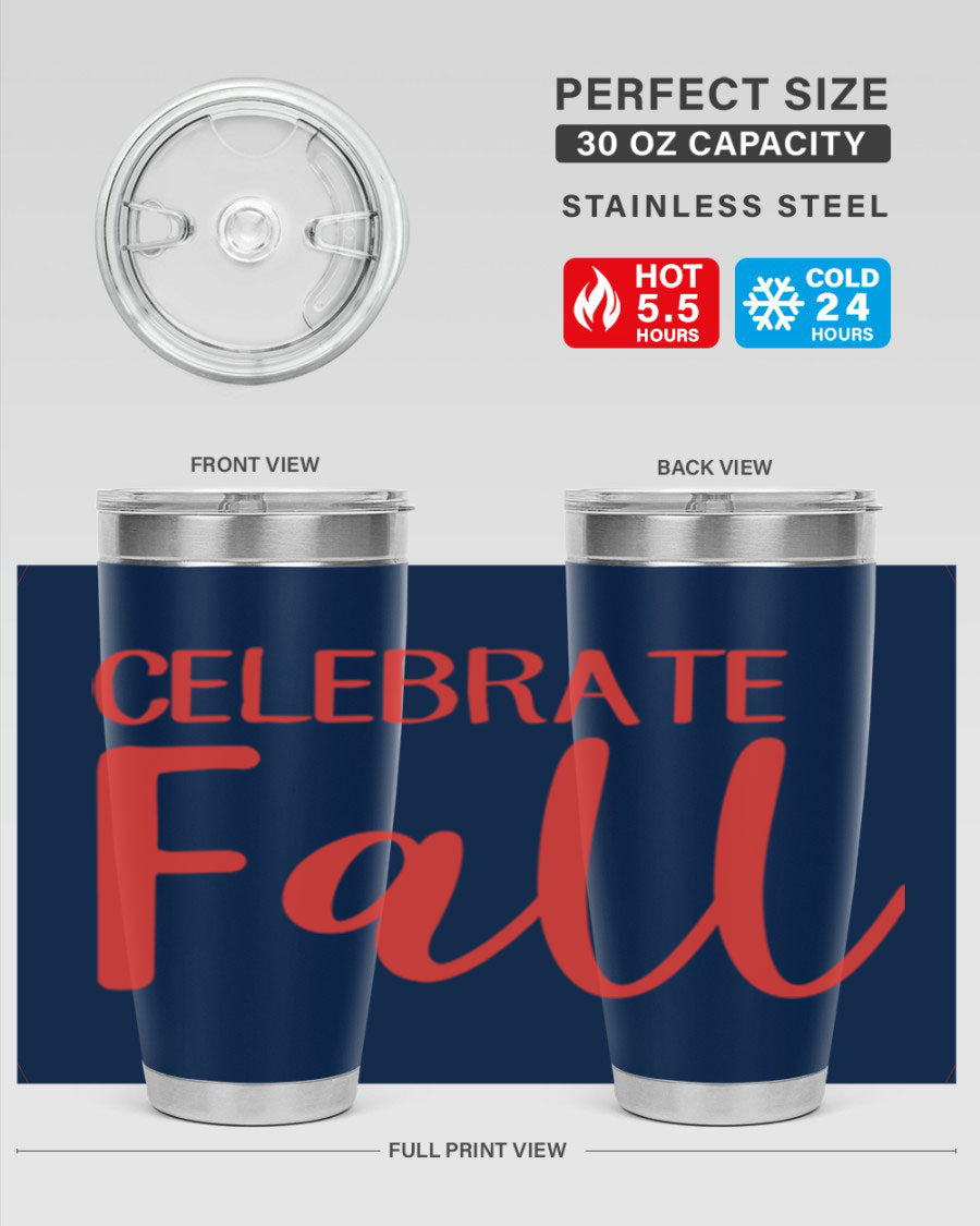 Celebrate Fall 20oz tumbler made of double wall vacuum stainless steel with a copper lining, featuring a drink-thru lid.